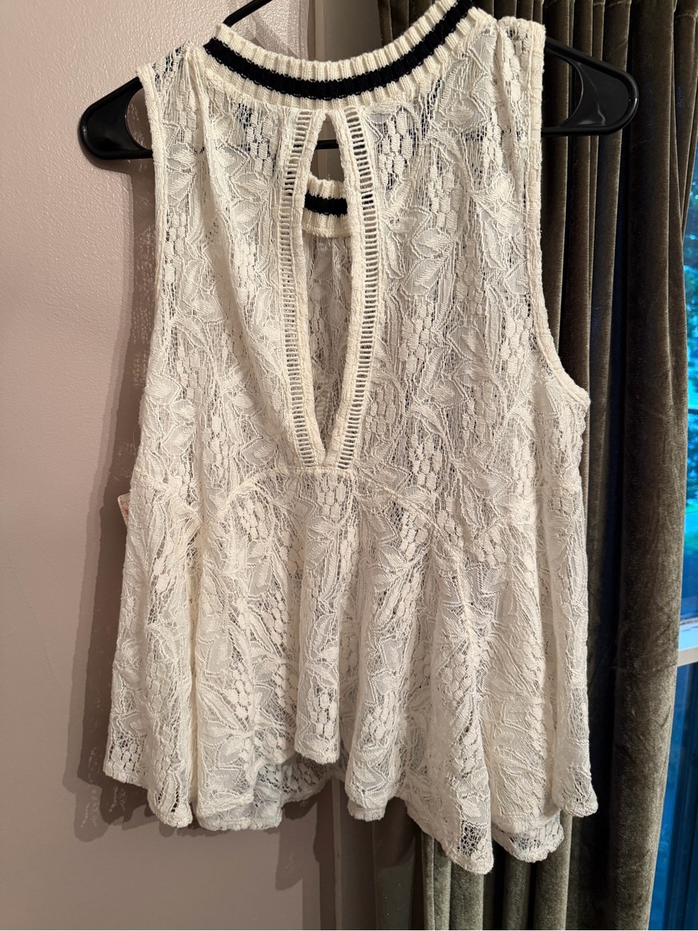 Free People Ivory Lace Sleeveless Peplum Camisole with Black Trim